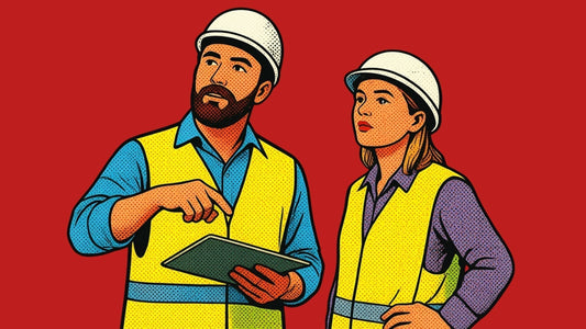 Illustration of two workers analyzing data using a tablet on a red background  