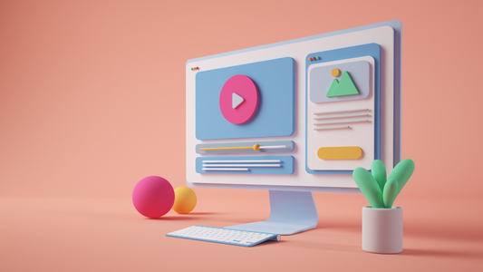 3D colourful ecommerce website on computer screen with 3D plant and balls on pink background
